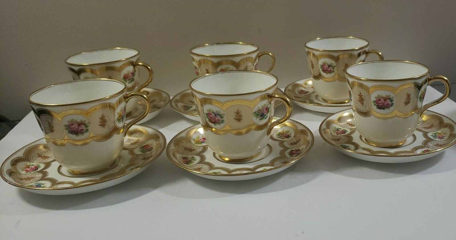 Set Of 6 Antique Fischer And Mieg Tea Cups And Saucers Czech Republic