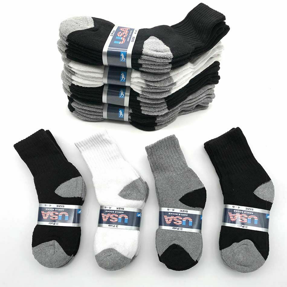 Lot 6 -12 Pairs Solid Child Kids Sports Athletic Crew Socks Cotton Size 2-8 New